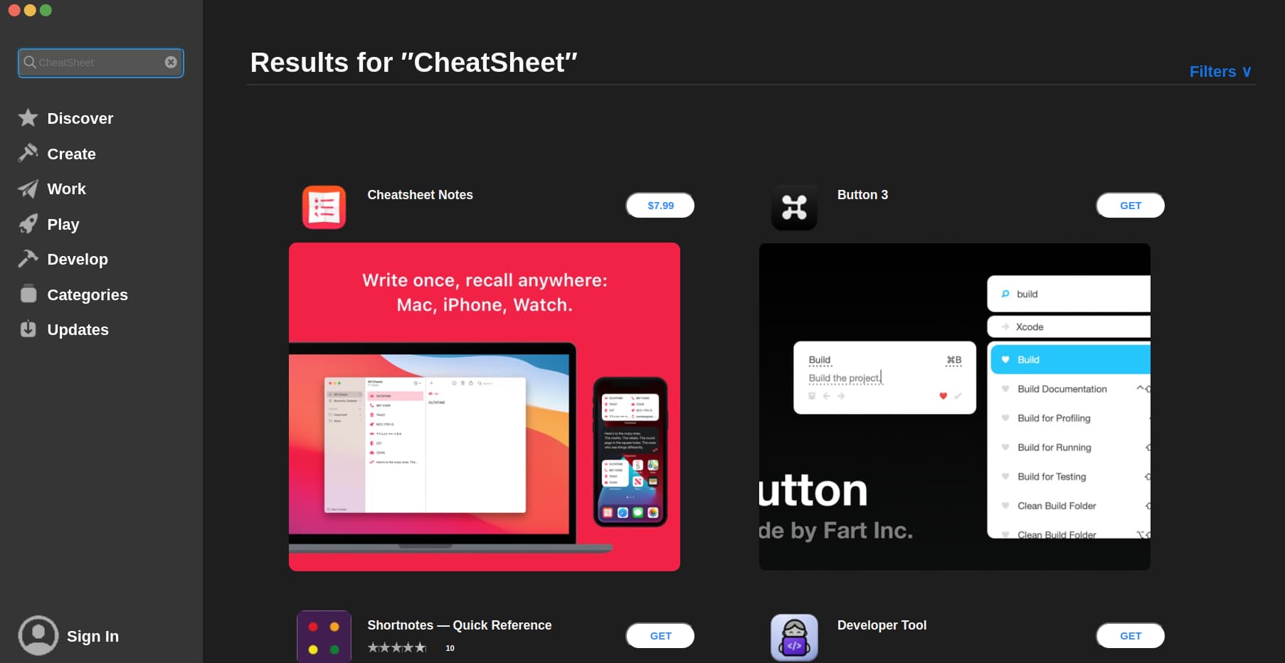 Apple App Store search results for term: CheatSheet, and device: desktop