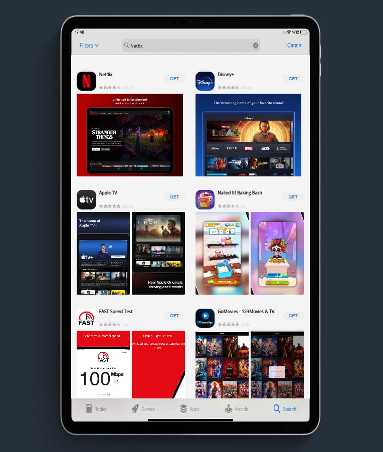Apple App Store search results for term: Netflix, and device: tablet