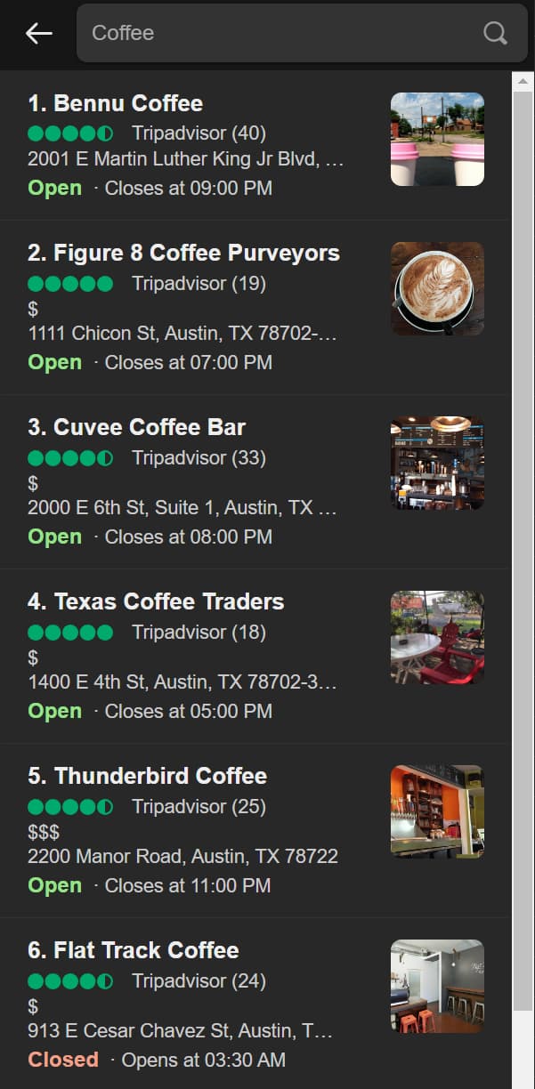Example with q: Coffee, and Austin, TX, US as a location