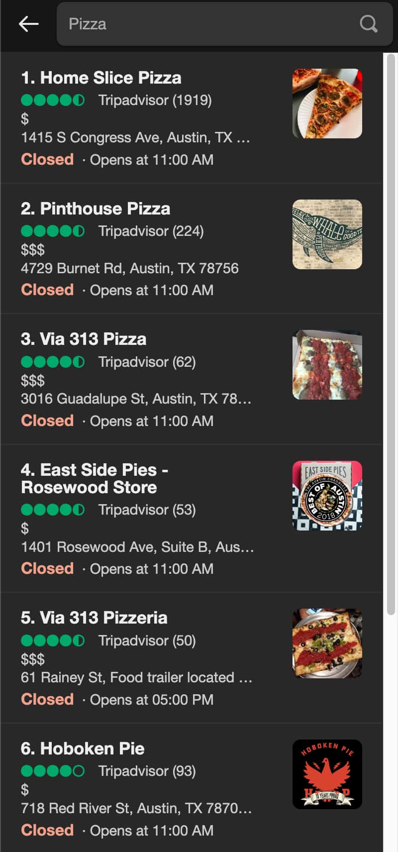 Example with q: Pizza, and Austin, TX, US as a location