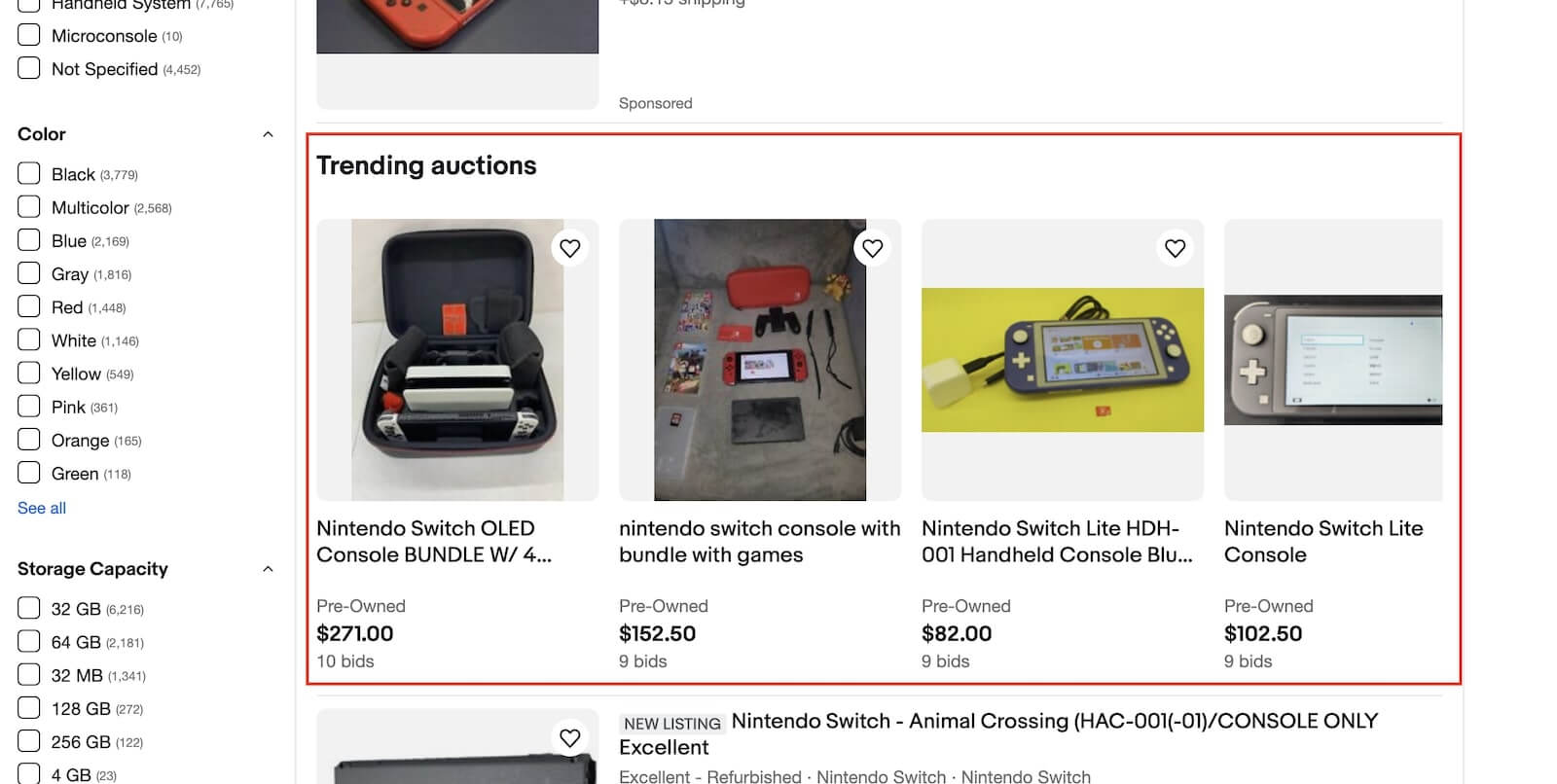 Example results: Nintendo Switch results that shows Trending auctions section