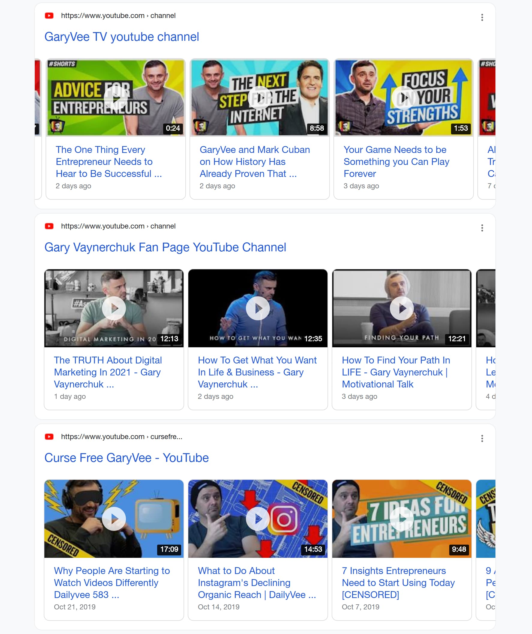 Carousels results for: garyvee youtube channel Deprecated. You can find the same response in Organic Results API.