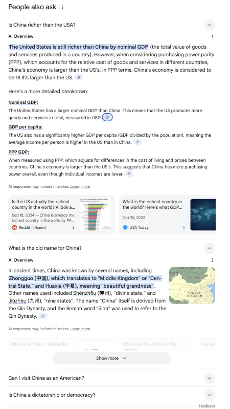 Example AI Overview results for: China