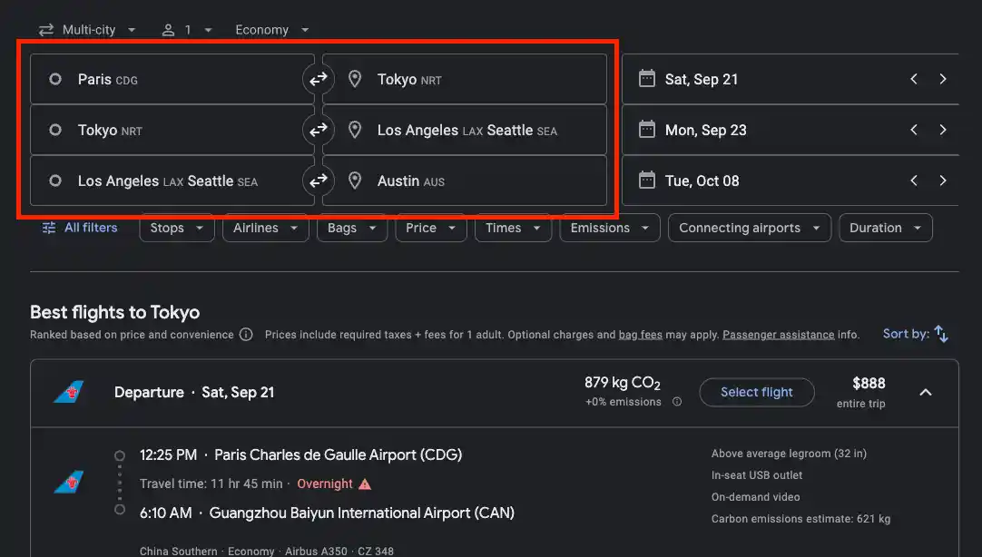 Example with multi-city departure and arrival airports