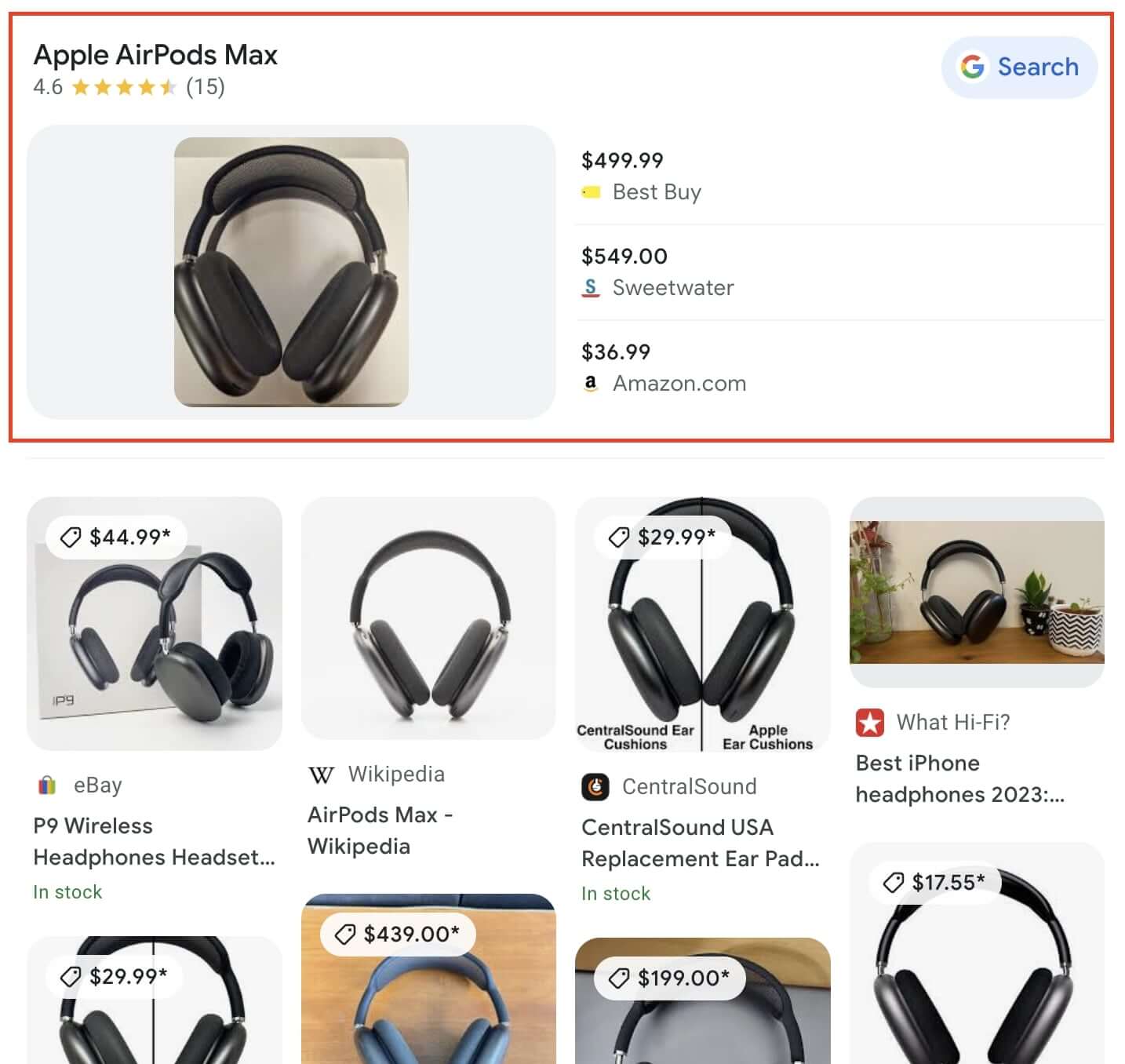 Example: shopping_results in Knowledge Graph