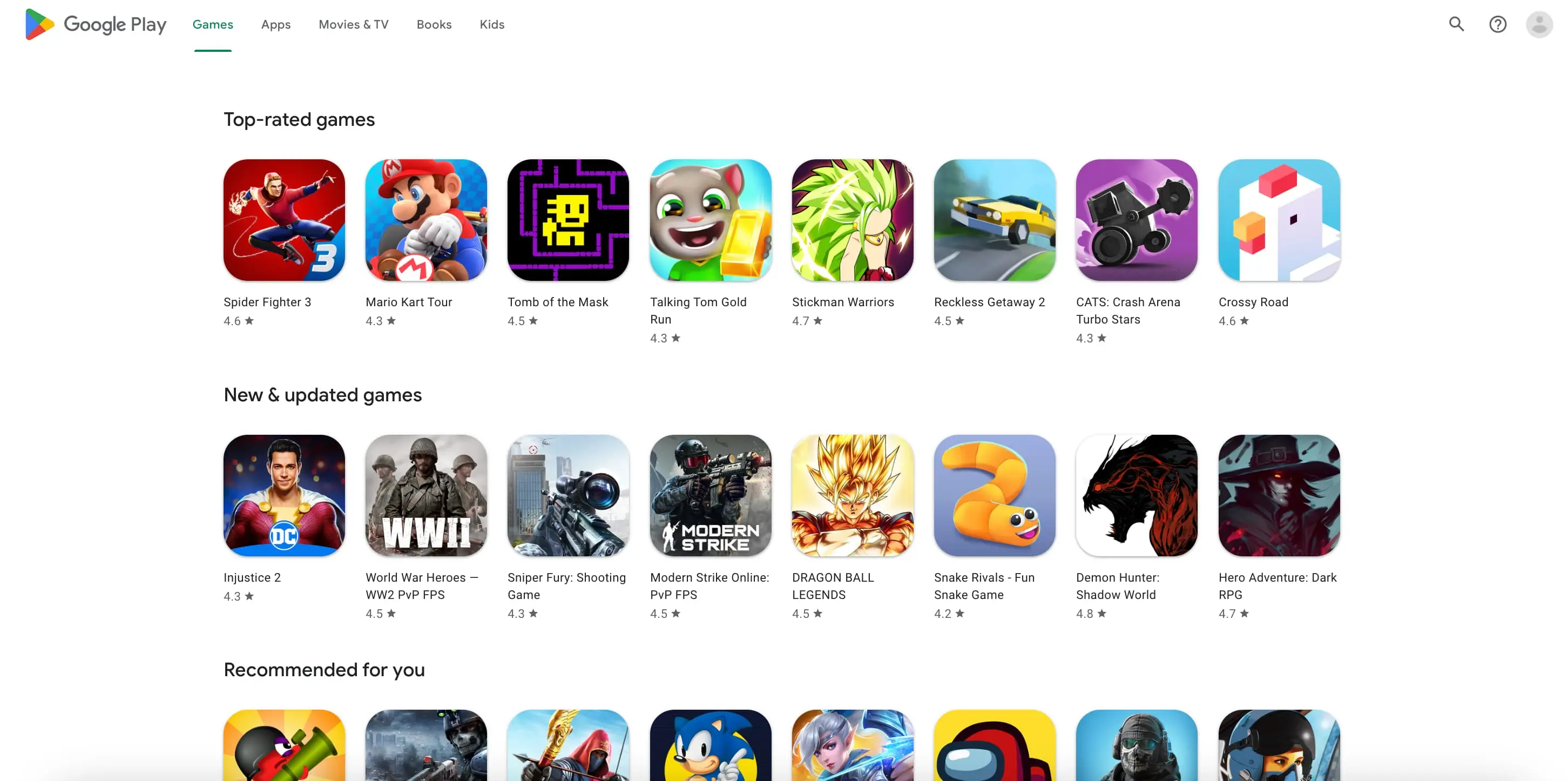 Rows Type Organic results overview for Google Play Games with games_category(Category Search)
