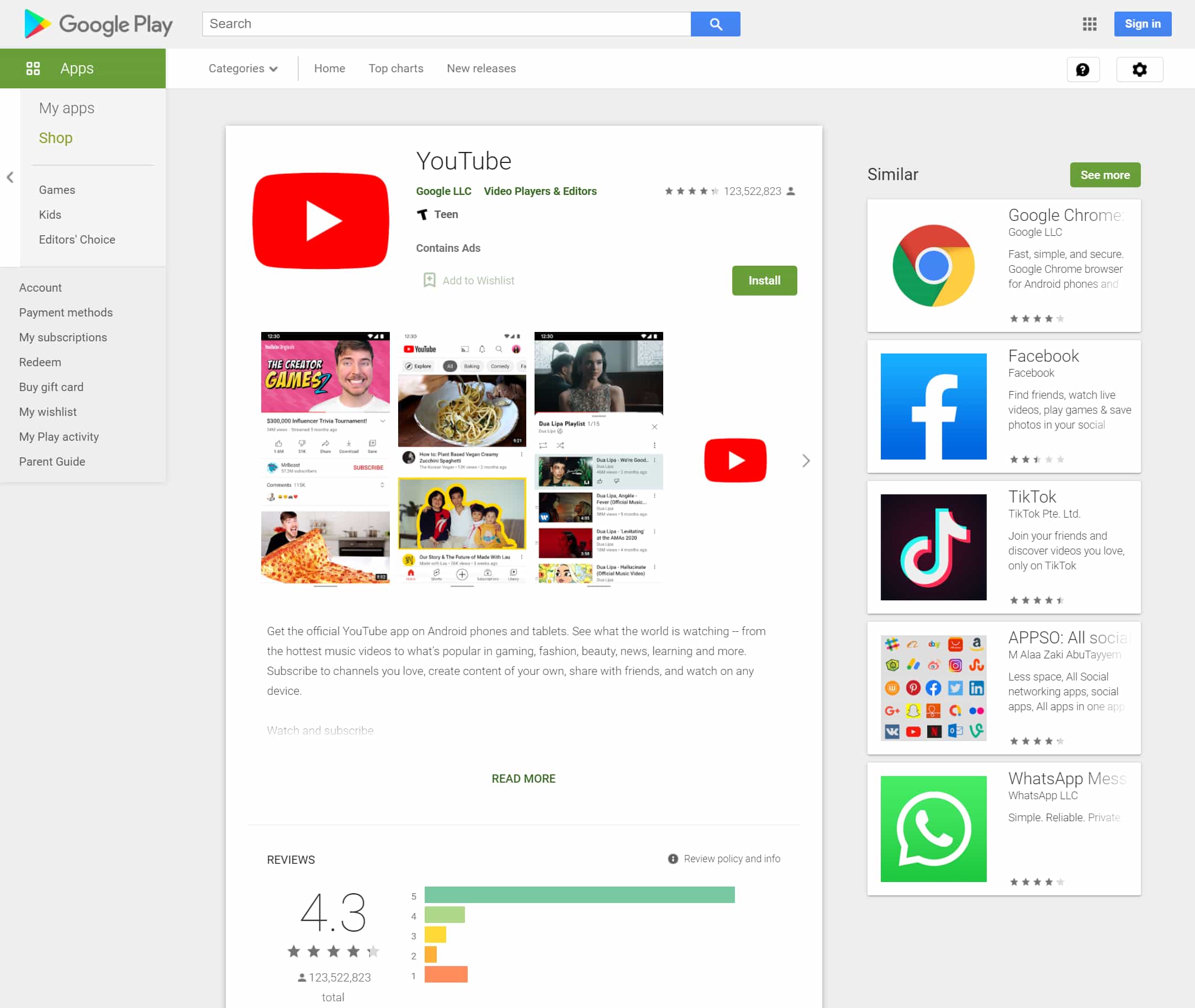 Example with store: apps, product_id: com.google.android.youtube