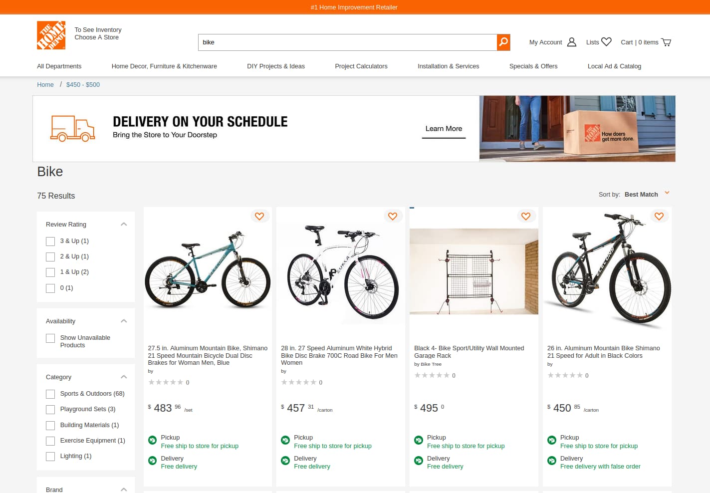 Example results for q: Bike, lowerbound: 450 and upperbound: 500 (the Home Depot US)