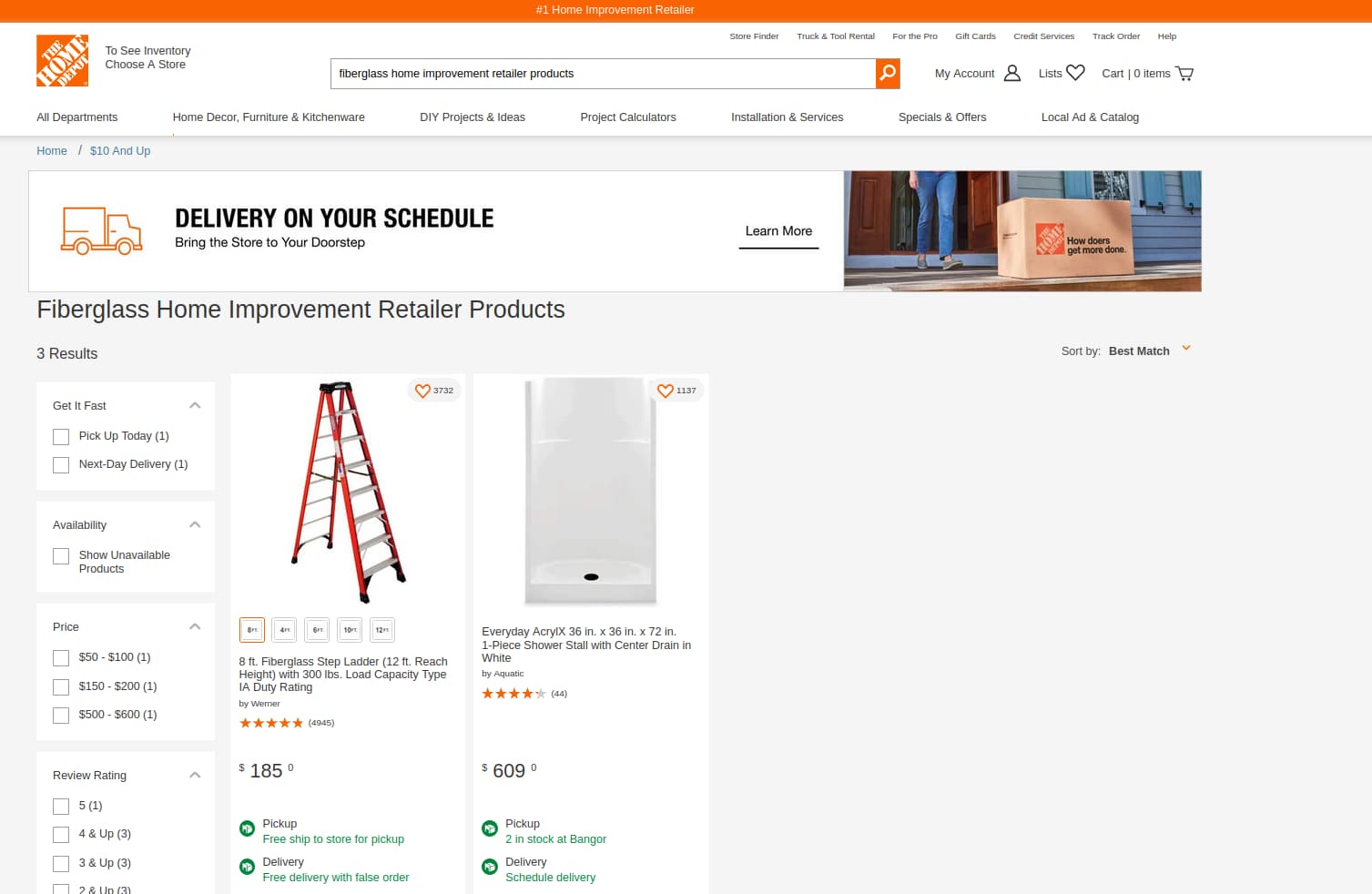 Example results for q: Fiberglass Home Improvement Retailer Products, lowerbound: 15