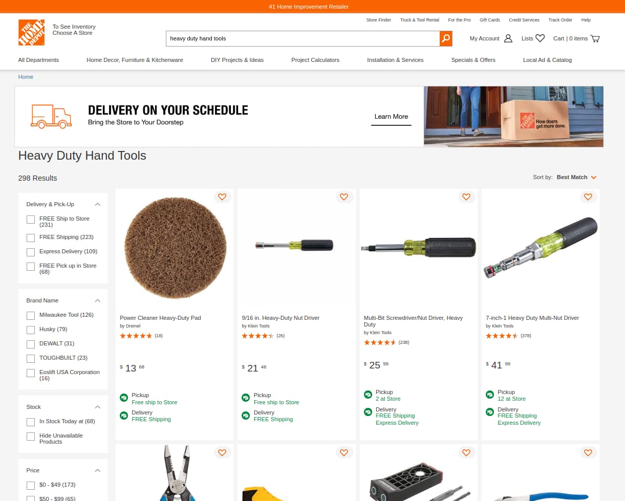 Example results for country: ca, &amp;nbspq: Heavy Duty Hand Tools and sort:price-asc (the Home Depot Canada)