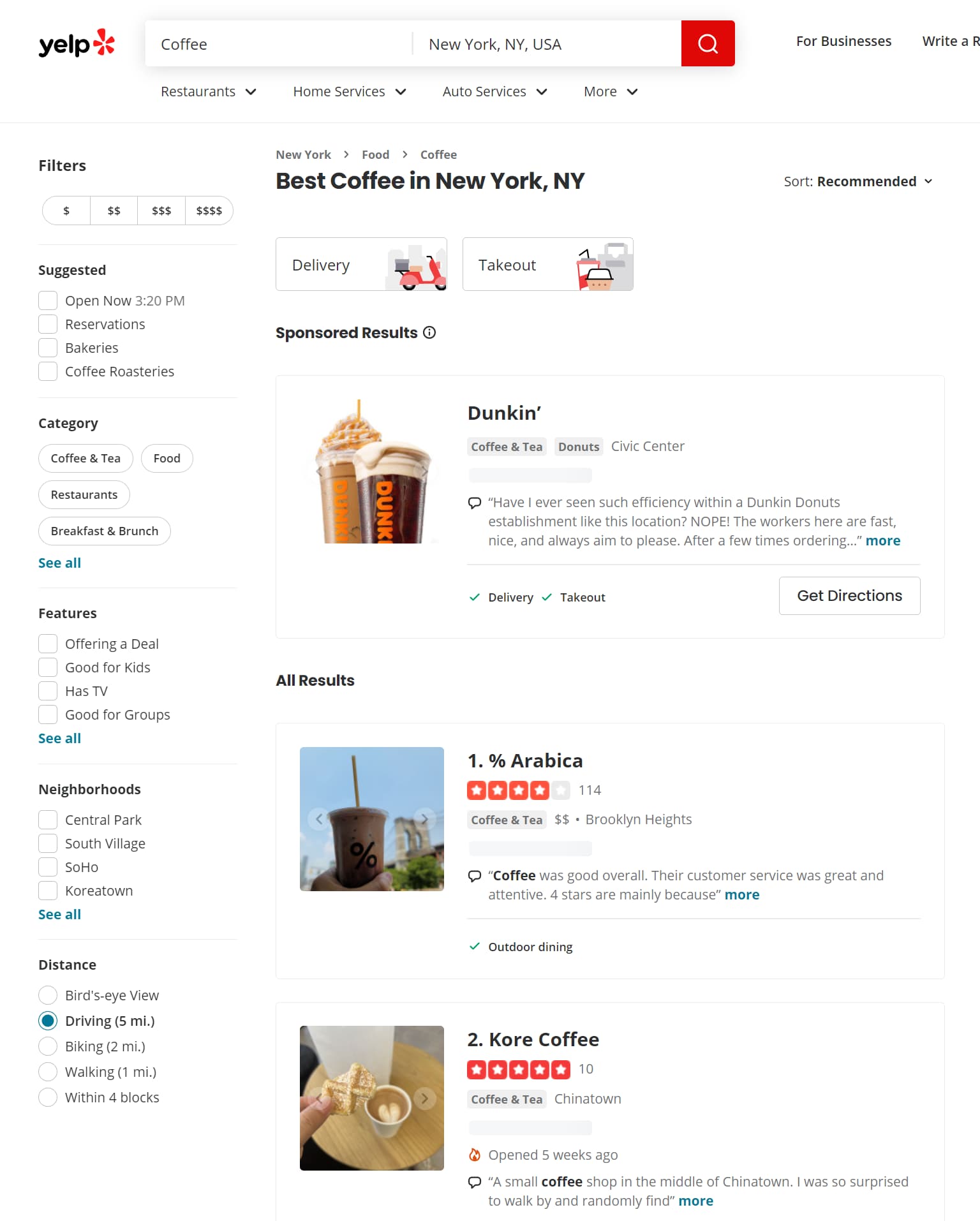Example with find_desc: Coffee and find_loc: New York, NY, USA as a location