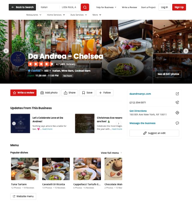 Place results returned using&amp;nbspfull_menu&amp;nbspset to true and &amp;nbspplace_id&amp;nbspset to da-andrea-chelsea-new-york-3