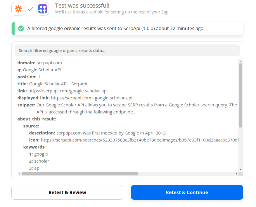 Test results of the SerpApi Integration for Zapier