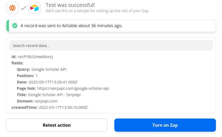 Using SerpApi result in the Create Record in Airtable Action in Zapier