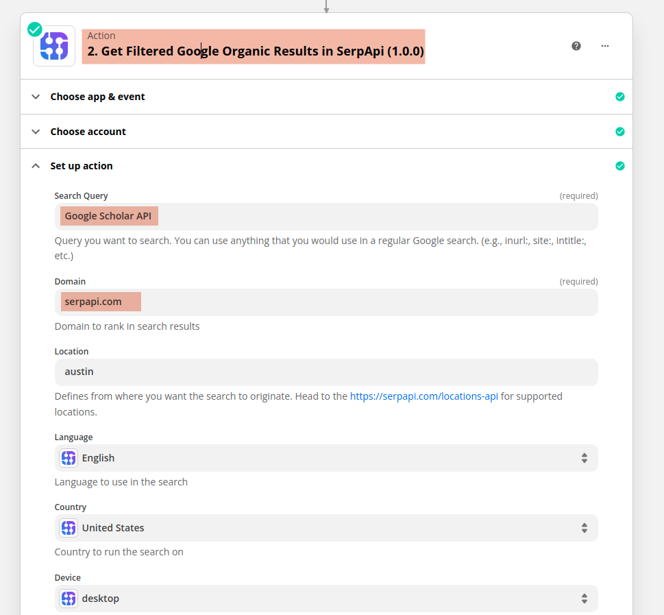 Parameters for the SerpApi Action in Zapier