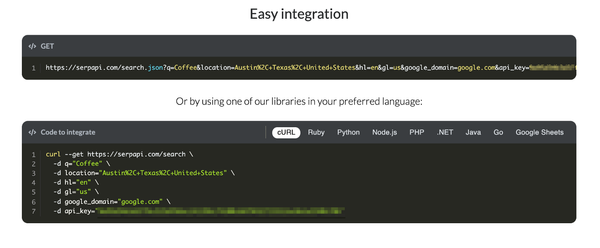 SerpApi’s Easy Integration and our Supported Language Libraries (cURL, Ruby, Python, Node.js, .NET, Java, Go, Google Sheets)