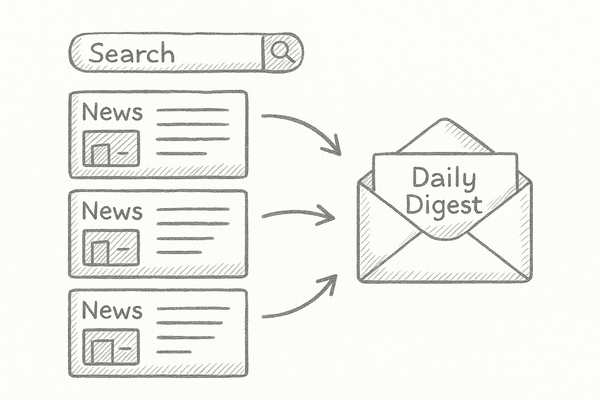 Illustration of three “News” search result items being fed into an envelope labeled “Daily Digest,” showing articles compiled into an email.