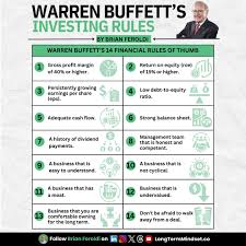 Warren Buffet's Investing Rules: 1. Gross profit margin of 40% or higher.  2. Return on equity (roe) of 15% or higher. 3. Persistently growing  earnings per share (eps). 4. Low debt-to-equity ratio.