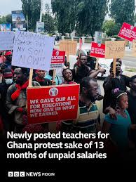 Di Coalition of Unpaid Newly Posted Teachers, wey include graduates from Colleges of Education and universities, bin stage protest for Accra, Ghana capital. Di teachers dey demand say make govment release 13