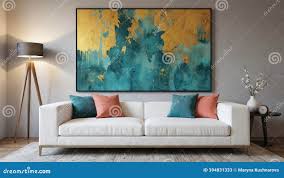 Modern Living Room with Abstract Painting Above White Sofa. Large Wall Art  in Shades of Blue, Green, and Gold. Orange and Blue Stock Illustration -  Illustration of painting, decor: 394831333