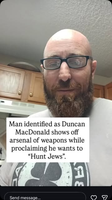 Duncan MacDonald shows off a large arsonel of weaponry, along with bullet proof vests, as he proclaims he’s going to “hunt Jews”. Macdona…
