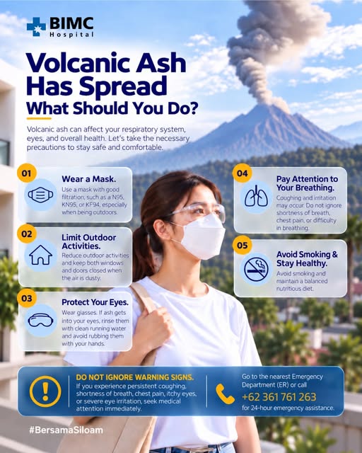 Volcanic ash can affect your breathing, eyes, and overall health. 🌋 Stay protected by wearing a mask, limiting outdoor activities, keeping…