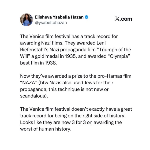 Maybe next generation the Venice Film Festival will stop awarding the side that kills Jews, for now we can rest assured that they are not…