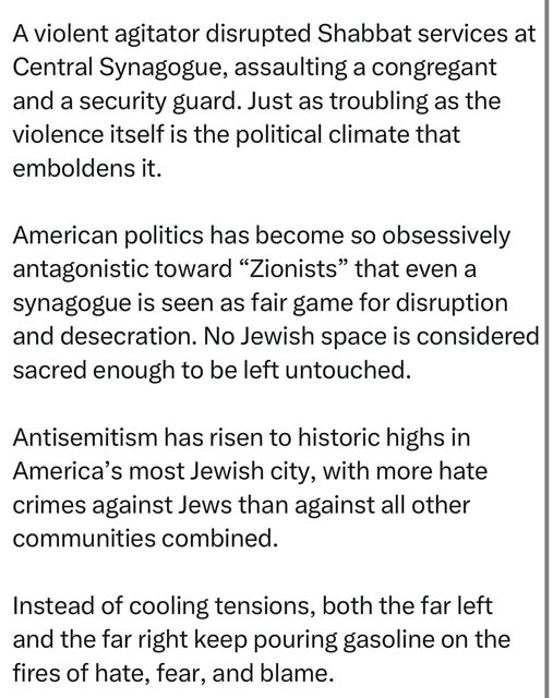 A violent agitator disrupted Shabbat services at Central Synagogue, assaulting a congregant and a security guard. Just as troubling as th…