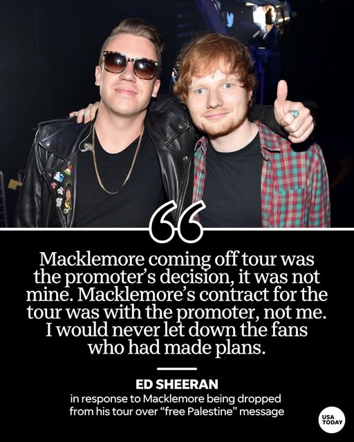 Ed Sheeran is breaking his silence after facing backlash over #Macklemore being removed from the Loop Tour for making pro-Palestinian com…