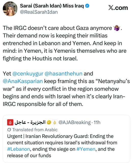 IRGC 🇮🇷: “Leave our militias in Lebanon and Yemen alone, and release our funds if you want to end the war.”

The anti-Israel crowd: “Is…
