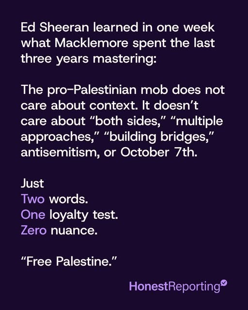 @macklemore was removed from @teddysphotos' tour after turning his opening sets into pro-Palestinian protests.

Ed Sheeran’s response was…