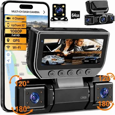 Dash Cam Front and Rear with 64gb Card, 4 Channel Dash Camera for Cars with Front, Rear, Left & Right Cameras, 1080p Car Dash Cam with WiFi App, Night