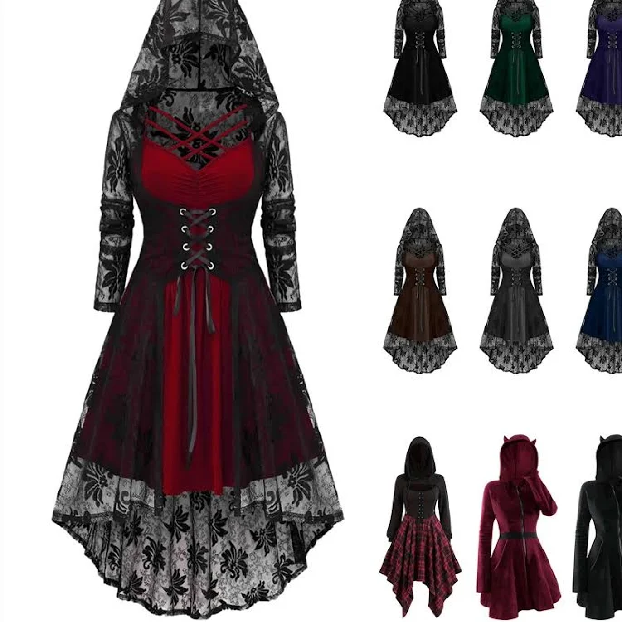 Qatainlav Women's Gothic Hoodies Dress Long Sleeve Cat Ear Hooded Sweatshirts Zip up Velvet Halloween Costume