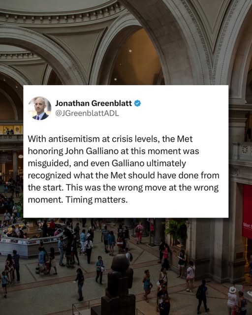 With antisemitism at crisis levels, the Met honoring John Galliano at this moment was misguided, and even Galliano ultimately recognized…
