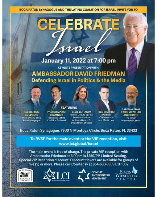 Celebrate Israel - Tuesday Jan. 11th @ 7:00 PM Keynote: Ambassador David Friedman⁣

Featuring: Rabbi Efrem Goldberg, Ellie Cohanim, Ben S…