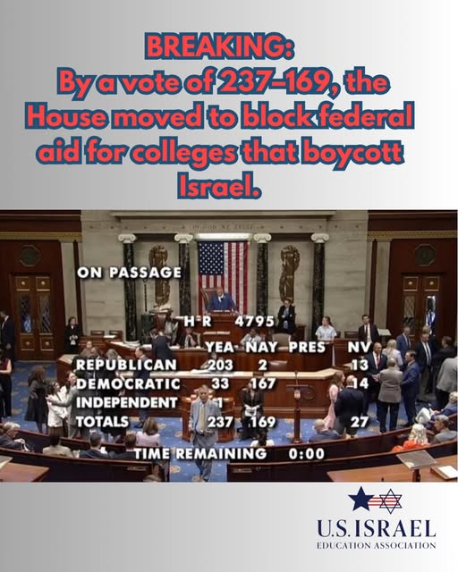 By a vote of 237–169, the House moved to block federal aid for colleges that boycott Israel.

This is more than a vote. It is a clear rej…