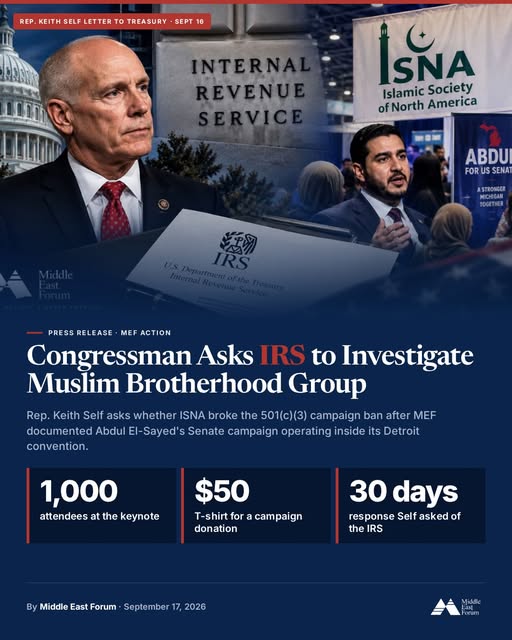 A congressman has asked the IRS to look at the Islamic Society of North America after the Middle East Forum documented a Senate campaign…