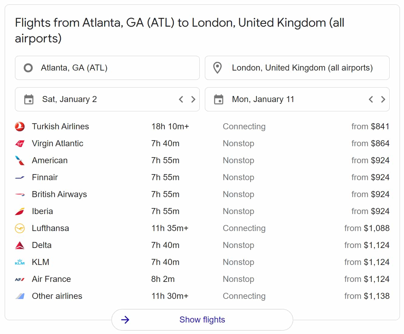 Flights Answer Box
